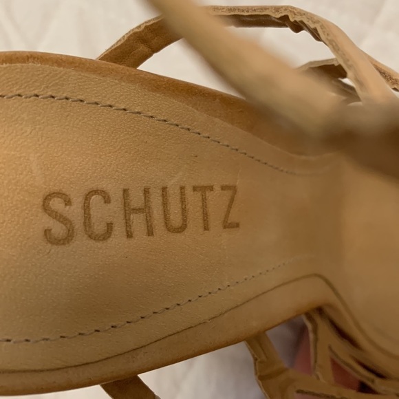 SCHUTZ Jaden caged sandals heels leather sole cream tan colour block heel sz 9B - Picture 7 of 17